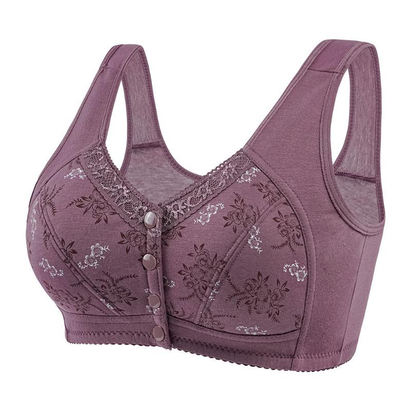 Grey Floral Print Front Closure Wireless Bra for Plus Size L фиолетовый