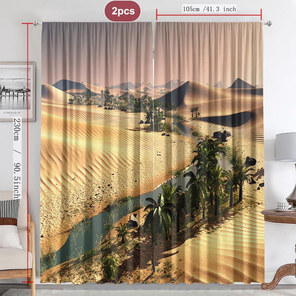 2PC Home Decoration Curtains, Desert Background With Pole Pocket Curtains, Kitchen, Coffee Shop, Living Room, Balcony, Garden