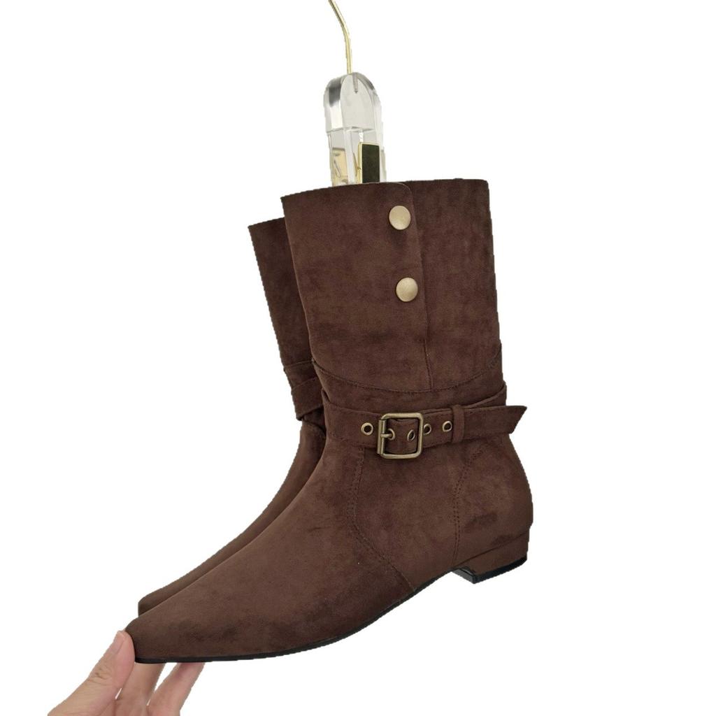 Point belt buckle two wear knight boots women's 2025 new autumn and winter flat western cowboy boots medium tube stacking boots