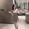 Women's 2024 Striped V-Neck Bodycon Midi Dress: Pure, Sexy, Short-Sleeved Slimming Design.