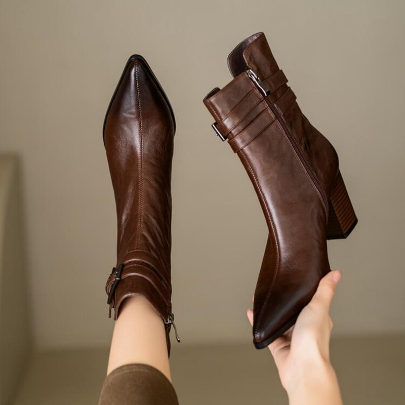 Fashion NEW Autumn Women Boots Pointed Toe Chunky Heel Boots Split Leather Shoes for Women Short Modern Boots Winter Belt Buckle Boots