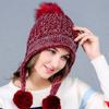 Women Winter Warm Knitted Cap Fleeced Earmuffs Cap with Cute Plush Balls