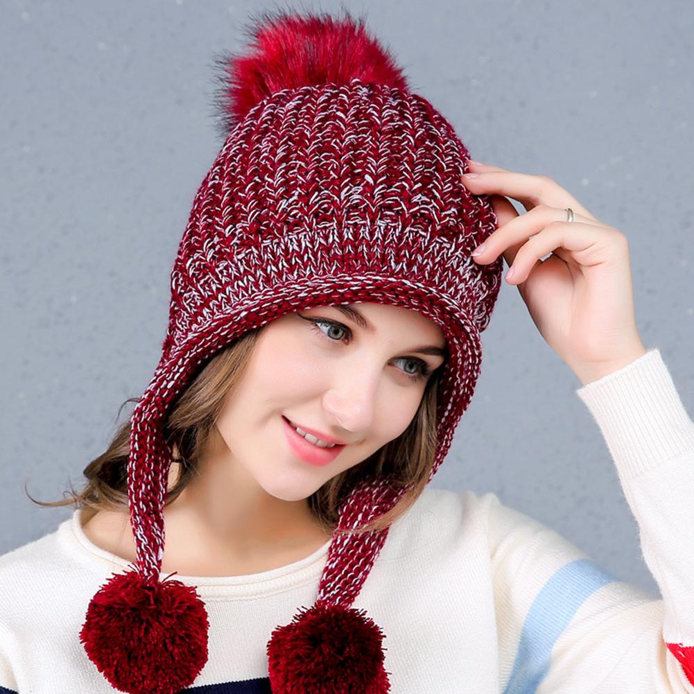 Women Winter Warm Knitted Cap Fleeced Earmuffs Cap with Cute Plush Balls