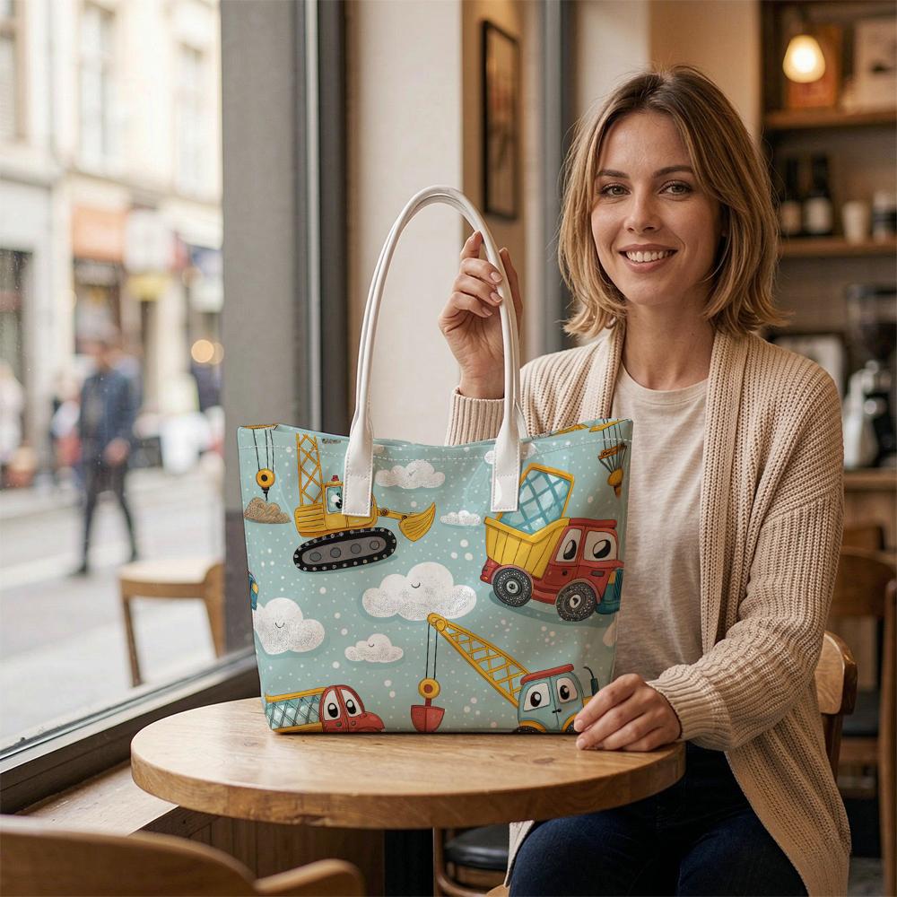 Cartoon Construction Car Tote Bag Cute Vehicle Printed Large Capacity Handbag for Outdoor Shopping Daily Use Portable Lightweight Shoulder Bag
