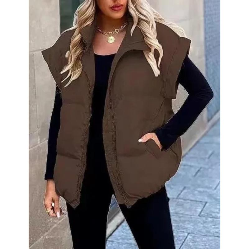 Solid Color Zipper Sleeveless Winter Warm Vest Jacket Womens Pocket New Stand Collar Temperament Vest Doudoune Sans Manche Femme