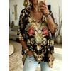 T-shirt da donna taglia grande con scollo a V, top casual rétro, con stampa, alla moda e versatile, lavabile in lavatrice.