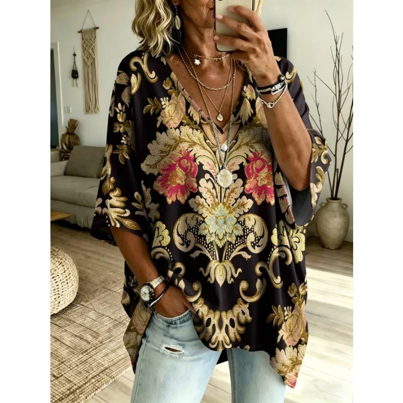 T-shirt da donna taglia grande con scollo a V, top casual rétro, con stampa, alla moda e versatile, lavabile in lavatrice.