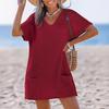 Womens V Neck Knit Swim Cover Up Dress Casual Loose Fit Short Sleeve Pockets Beachwear Lightweight