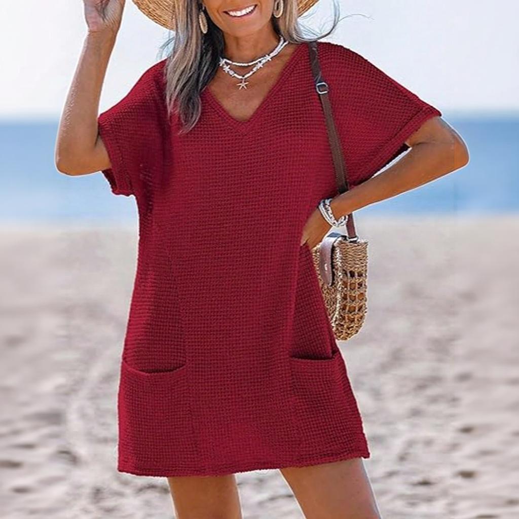 Womens V Neck Knit Swim Cover Up Dress Casual Loose Fit Short Sleeve Pockets Beachwear Lightweight