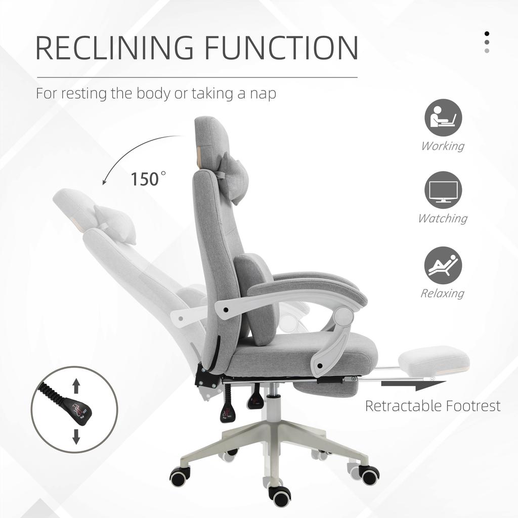 Office Chair, Ergonomic Desk Chair with Headrest Pillow, Lumbar Cushion, Height-Adjustable Gaming Chair with Footrest, High Backrest, Grey