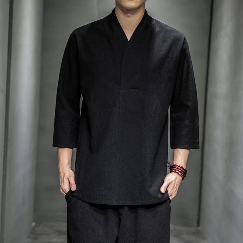 2025 Men's Retro Cotton Linen T-Shirt – Chinese & Japanese Style, Short & Seven-Sleeve, Plus Size, Solid Color