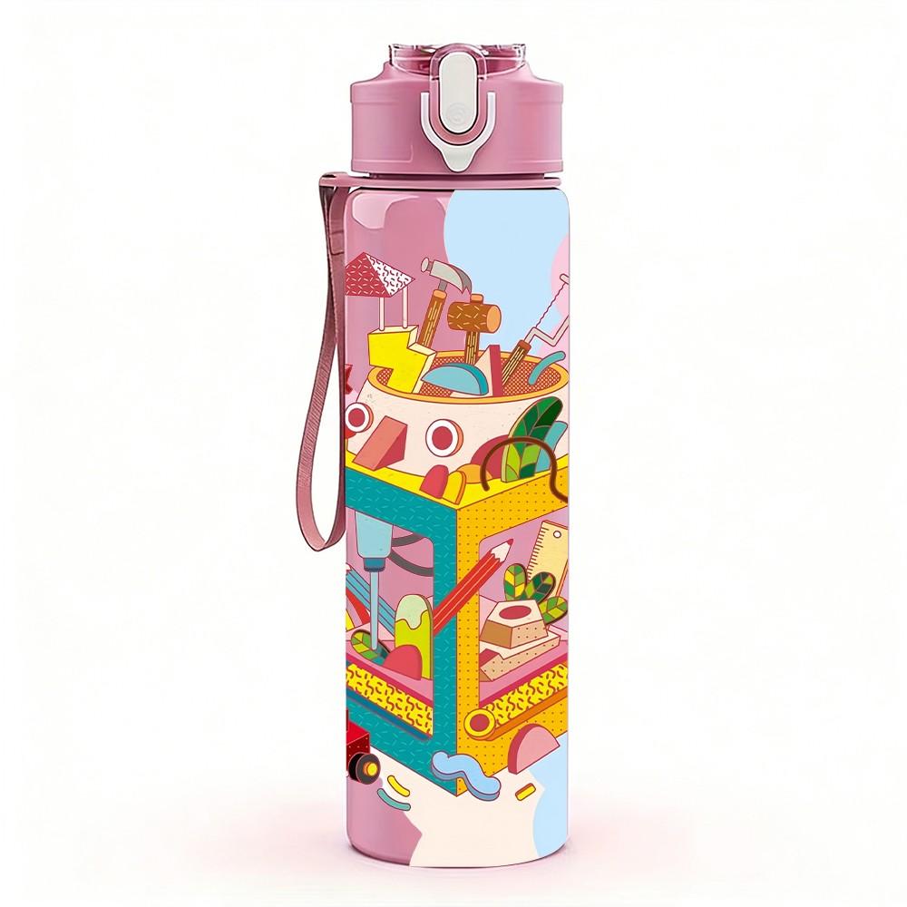 1PC Colorful Magic Box Doodle Art Pattern 750ml Color Plastic Sports Water Bottle Leakproof Flip Straw Lid Suitable for Sports Office Home Use