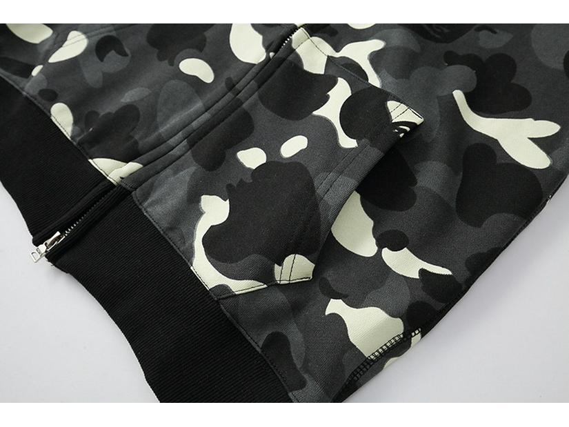 Bluza z kapturem w kamuflażu z plamkami i motywem głowy rekina, Unisex, luźny krój, zapinana na zamek, z długimi rękawami