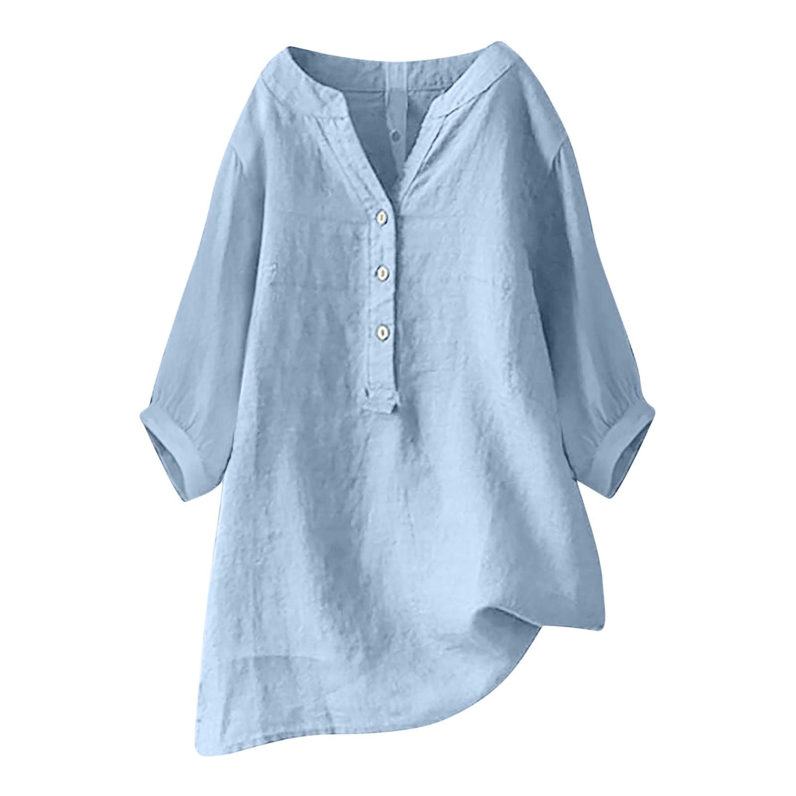 

Женские свободные хлопковые льняные рубашки с рукавами-колокольчиками, летние топы, повседневные футболки на пуговицах с v-образным вырезом, винтажная удобная блузка большого размера XXL