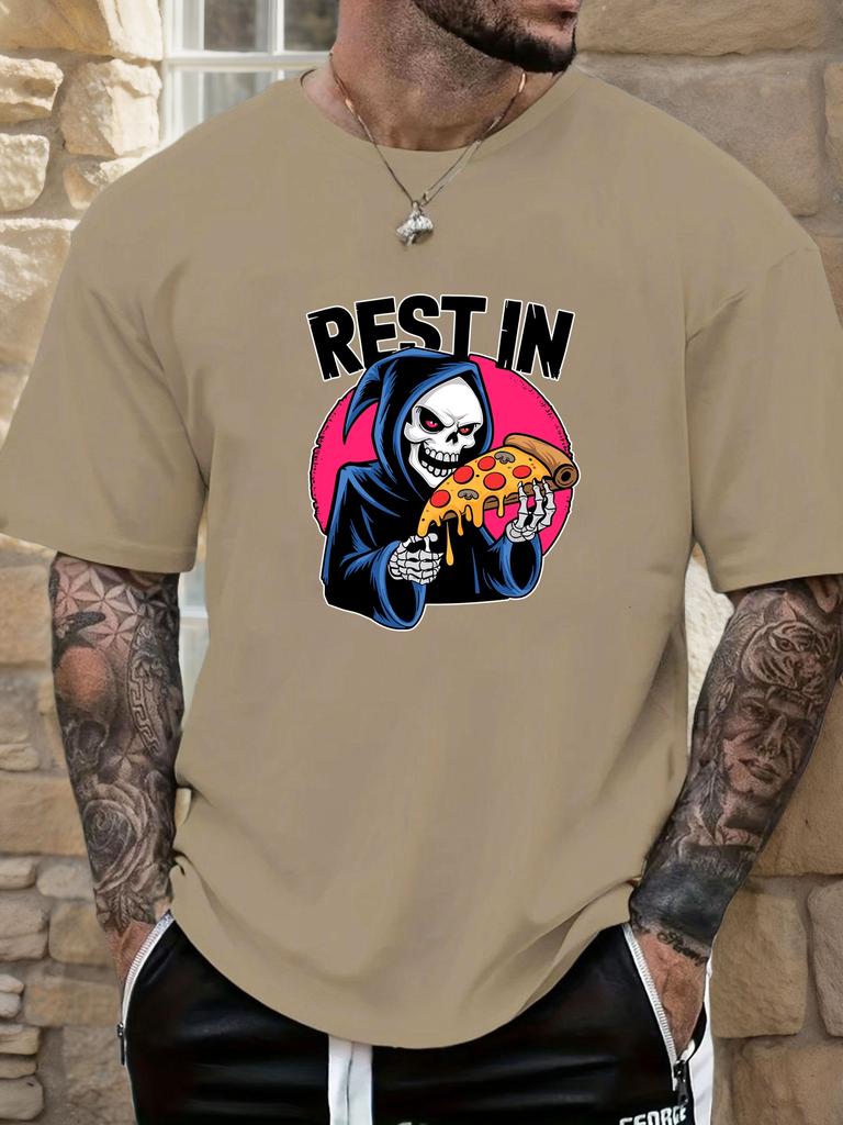 Mens Casual Tshirt Grim Reaper Pizza REST IN Print Short Sleeve Round Neck Breathable Oversized Daily Wear Tee