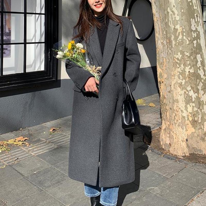 

Covotee шерстяное пальто женское осень зима 2023 новая корейская куртка с отложным воротником свободные двубортные утепленные пальто с длинными рукавами XXL серый