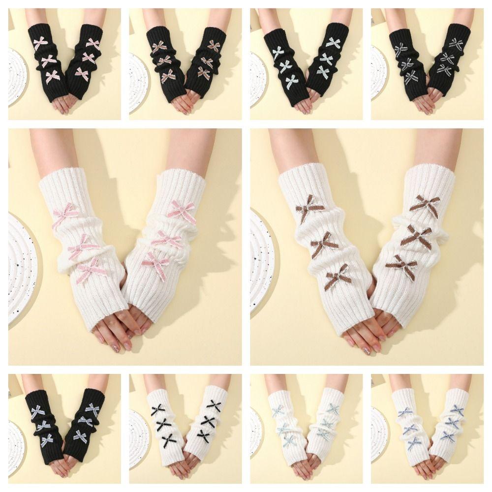 Soft Knitted Bow Arm Warmers Long Knit Sleeve Cover Y2K Y2K Fingerless Gloves  Girl