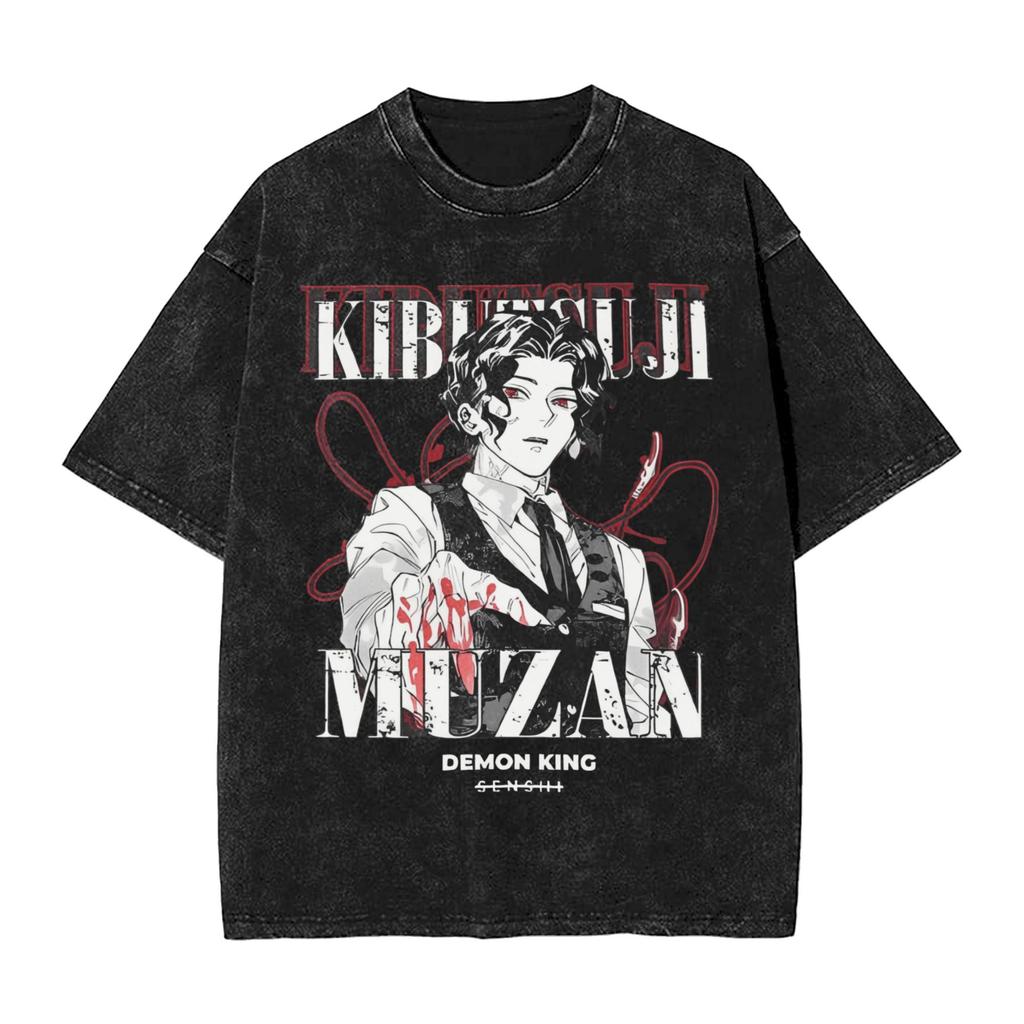 Demon Slayer Anime T Shirt Kibutsuji Muzan Graphic Washed Tee Men Casual Cotton T-shirts Harajuku Manga Vintage Tshirt