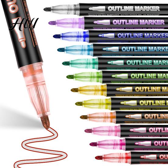 Radiating Lines Markers Dual-Tip Metallic Outline Pens Fluorescent Marker with Colorful Borders Paint Smooth Tip Highlighters for Cards Crafts & Notes