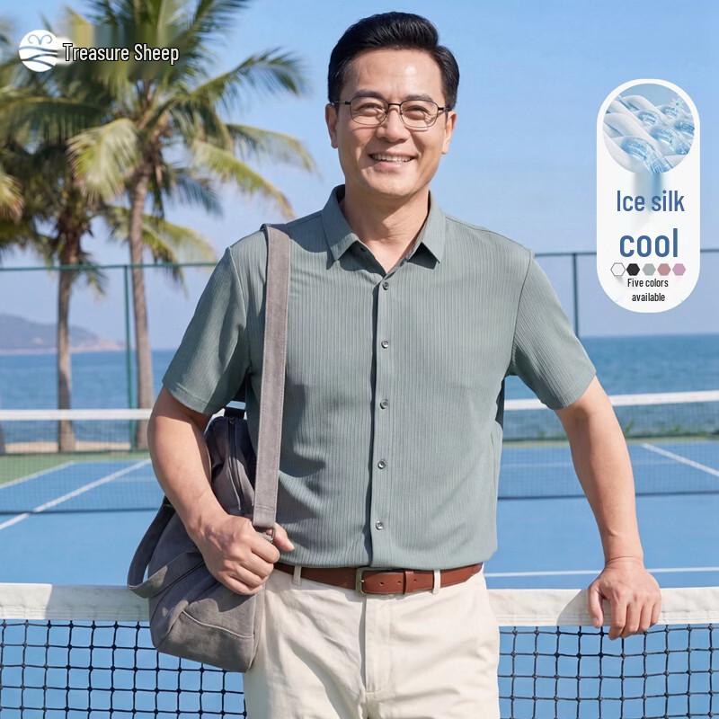 Men s Middle-Aged Summer Ice Silk Striped Polo Shirt 180