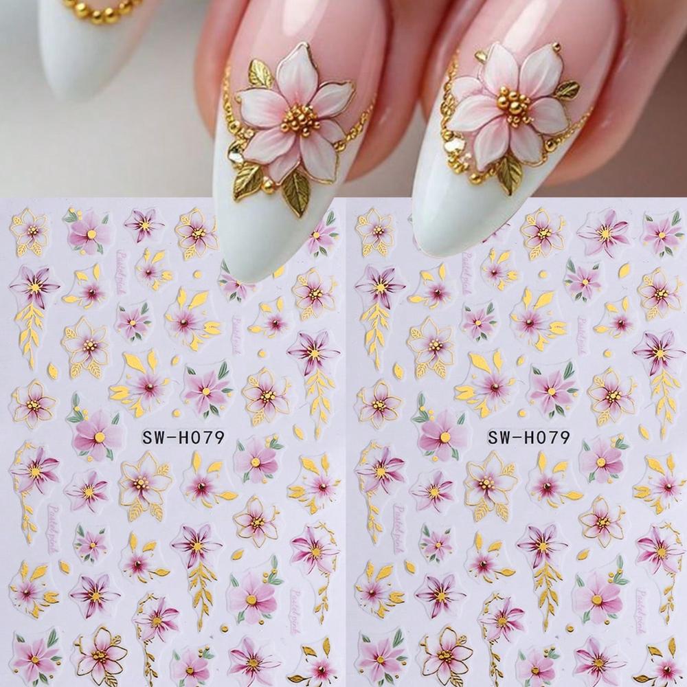 

1Pc Gold-Edged Pink Floral Nail Sticker, Cherry Blossom Vine Pattern for Spring & Summer Nails