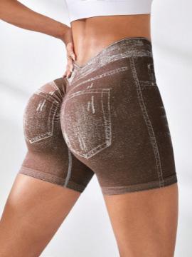 Nahtlose Yoga-Shorts für Damen in Jeans-Optik, hoher V-Bund hinten, Po-Lifting, eng anliegend, für Laufen, Fitness, Dreipunkt-Hose