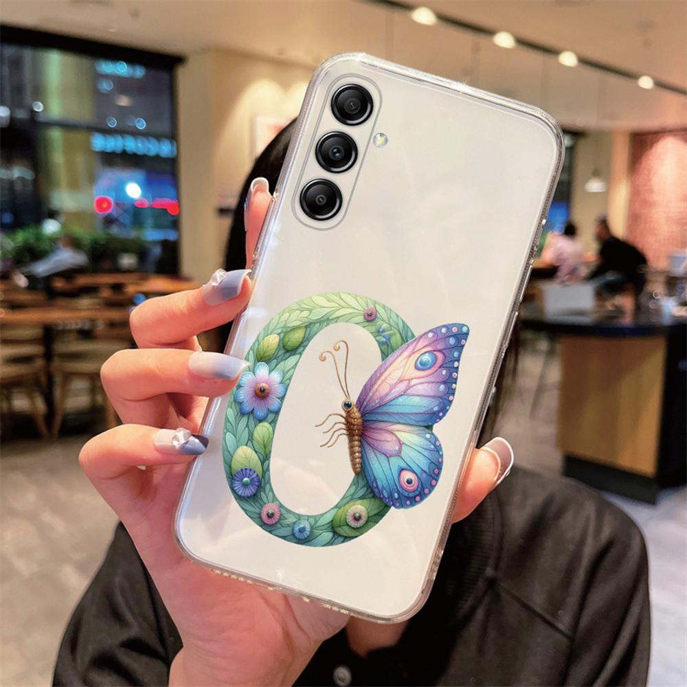 For Samsung Galaxy A54 A14 A34 A24 Blue Butterfly Flower Letters A-Z Couple Phone Case Transparent Clear Silicone Bumper Cover