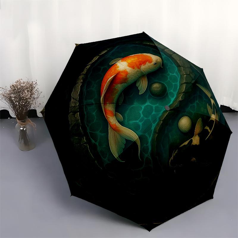 Yin Yang Koi Fish Pond Wall ArtDecorUmbrella, Portable 3-Fold Compact Umbrella for Men & Women Gift