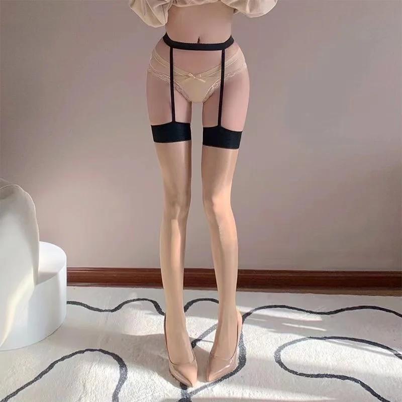 Black/Red Thigh-High Nylon Stockings Cosplay Sexy Erotic Lingerie Garter Belt Long Stockings Women Ultra-Thin Transparent Tights