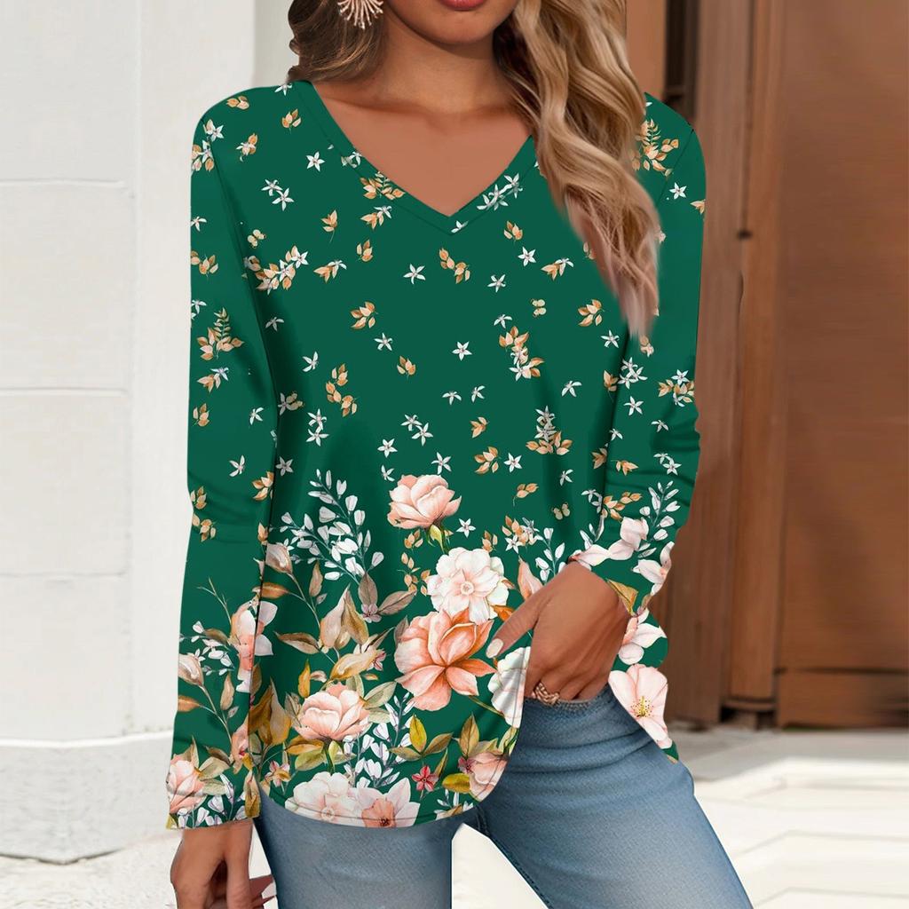 Women's T Shirt Tee Print Long Sleeve Daily Weekend Daily Basic V Neck Regular  Fall Winter Tops