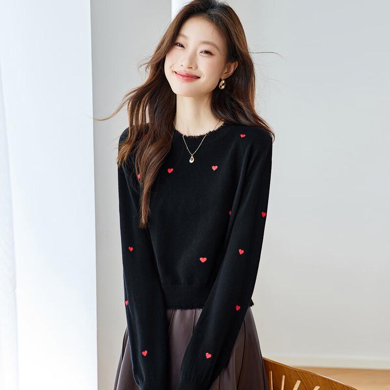 

Srcr Women s 100% Wool Heart Embroidery Short Knit Sweater XL