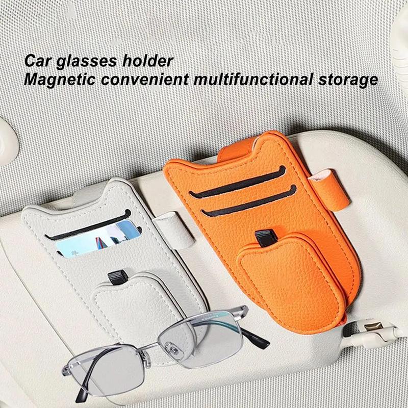 Car Sun Visor Glasses Holder Magnetic Eyeglasses Hanger Clip Luxury Leatherette Car Sunglasses Holder Mount Universal