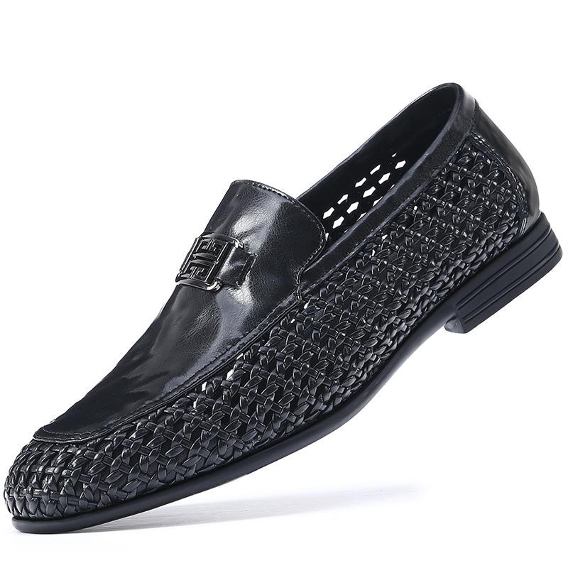 Light Luxury Men's Shoes 2025 Summer New Hand-woven Hollow Breathable Casual Leather Shoes Men's One-pedal Loafers