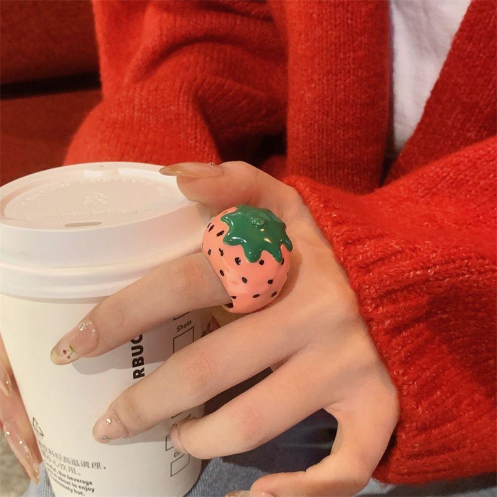 Strawberry Drip Oil Ring Cherry Fruit Enamel Ring Fashion Design Painting Ring  Women