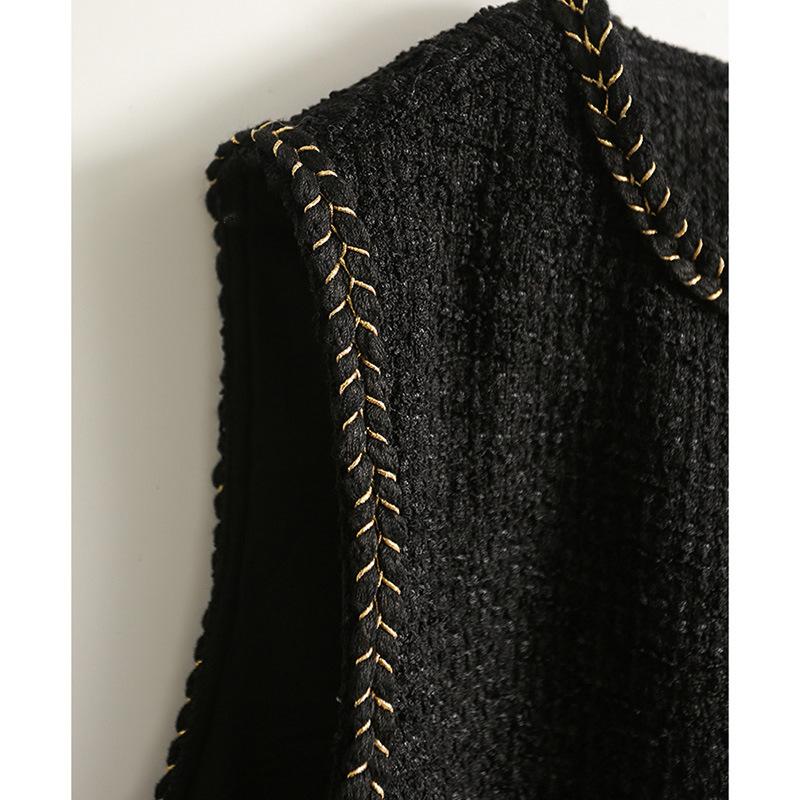 Dámské podzimní a zimní kulatý výstřih, tenké tkané tvídové šaty bez rukávů, černé