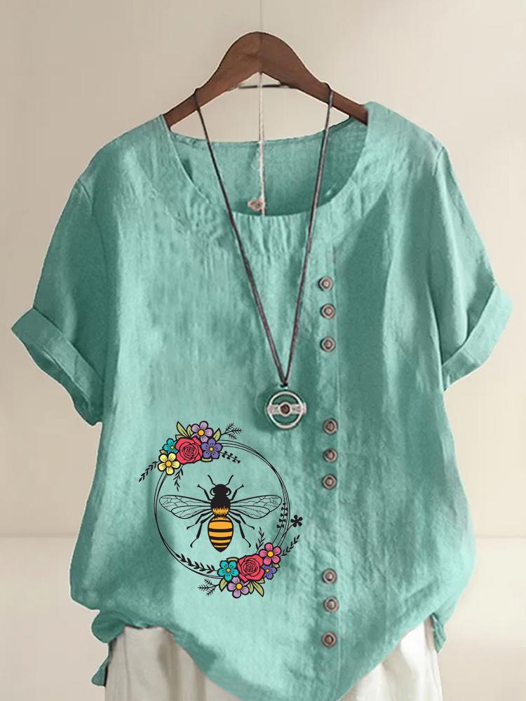 Women's Fashion Bee Flowers Print Shot Sleeve T-shirt Loose Cotton Shirt Casual Loose Summer Blouse Tops Plus Size