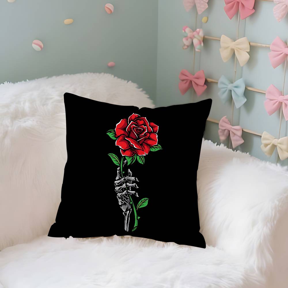 4 Stück Schwarzes Rotes Rosen-Etui Plüschstoff Weiche Kissenhülle Doppelseitiger Druck Kissenbezug Haushaltsgeschenke