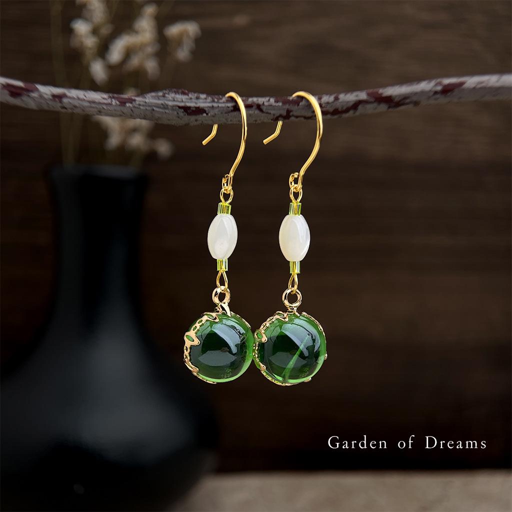 National Style Handmade Mother-of-Pearl Glass Water Drop Earrings - Forest-Inspired Sweet Temperament for Women