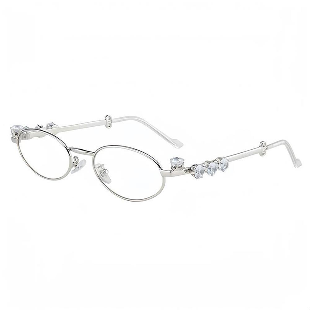 Elegant Metal Frame Oval Glasses with Sparkling Rhinestone Decorated Plano Glasses