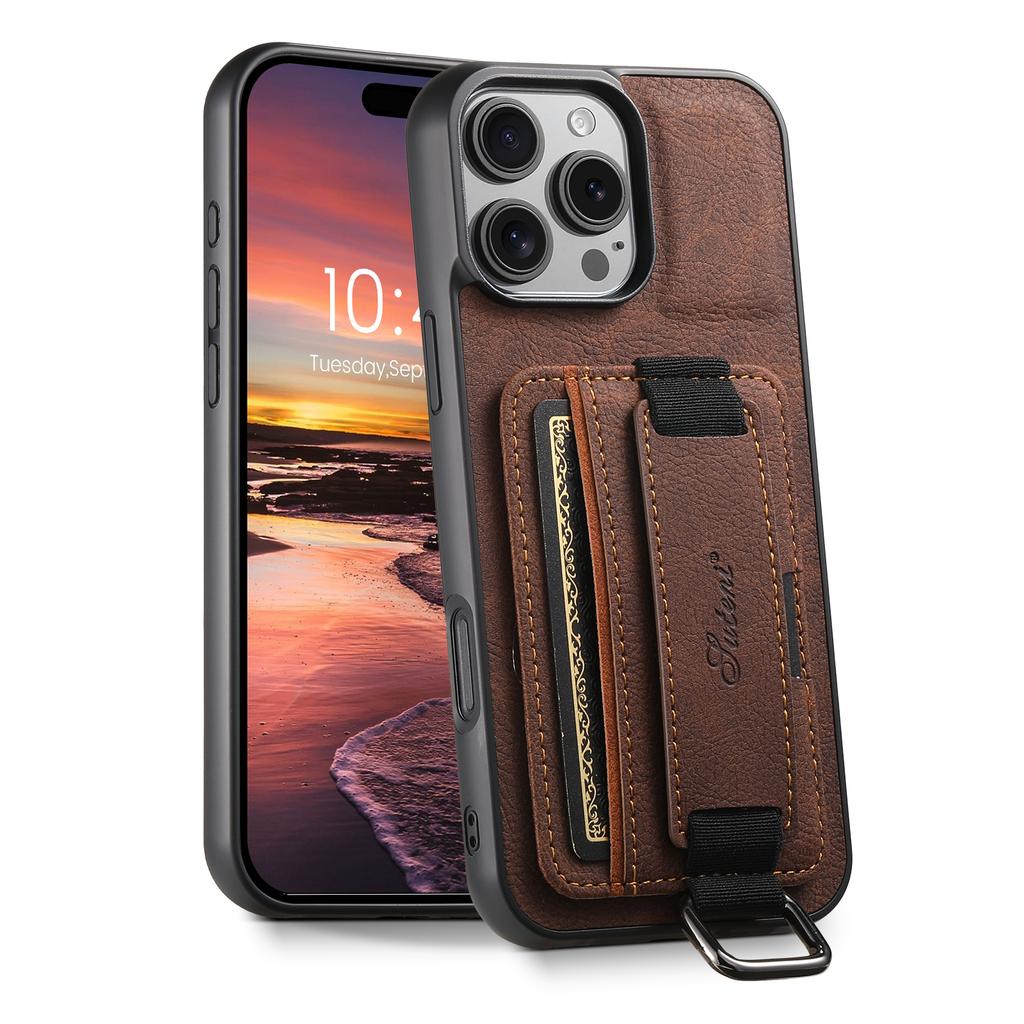 SUTENI H13 For iPhone 16 Pro Max Case Litchi Texture Leather+TPU+PC Cover with Card Holder Kickstand