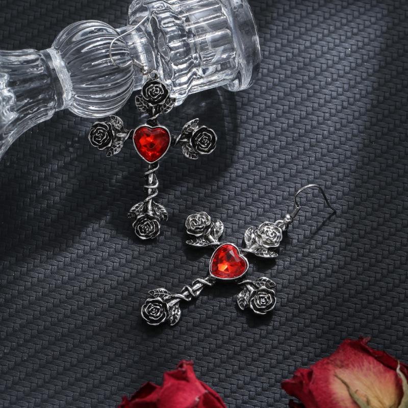 Unisex Gothic Punk Cross Rose Rhinestone Earrings