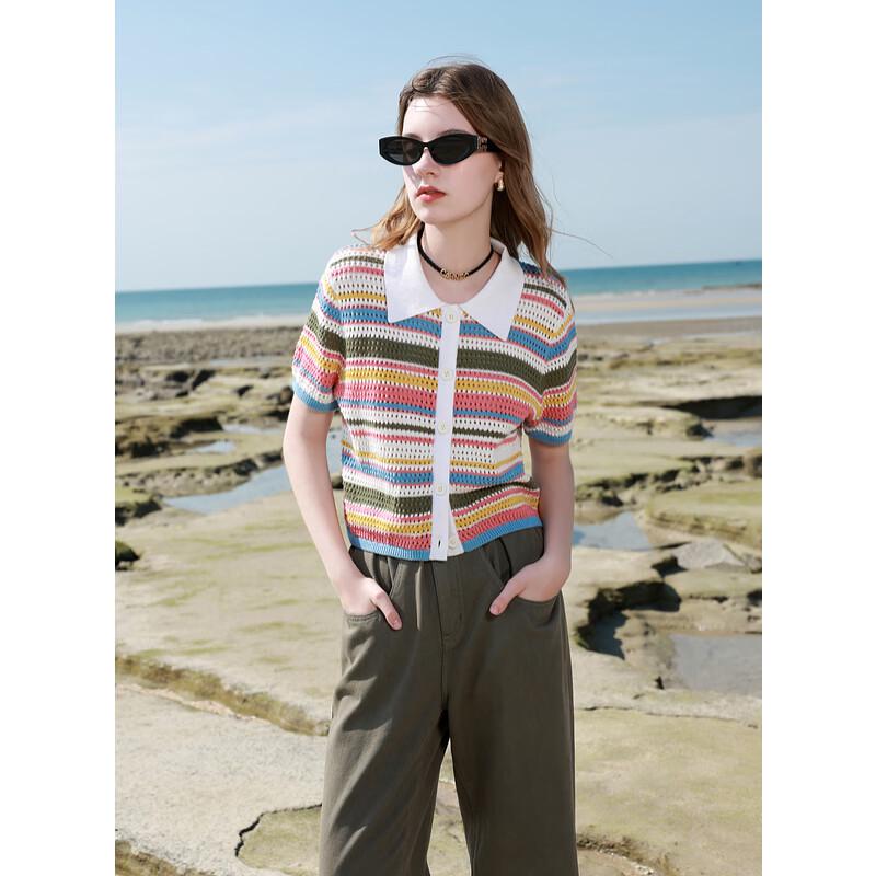 

Sancai Women s Rainbow Stripe Hollow-Knit Short Cardigan S