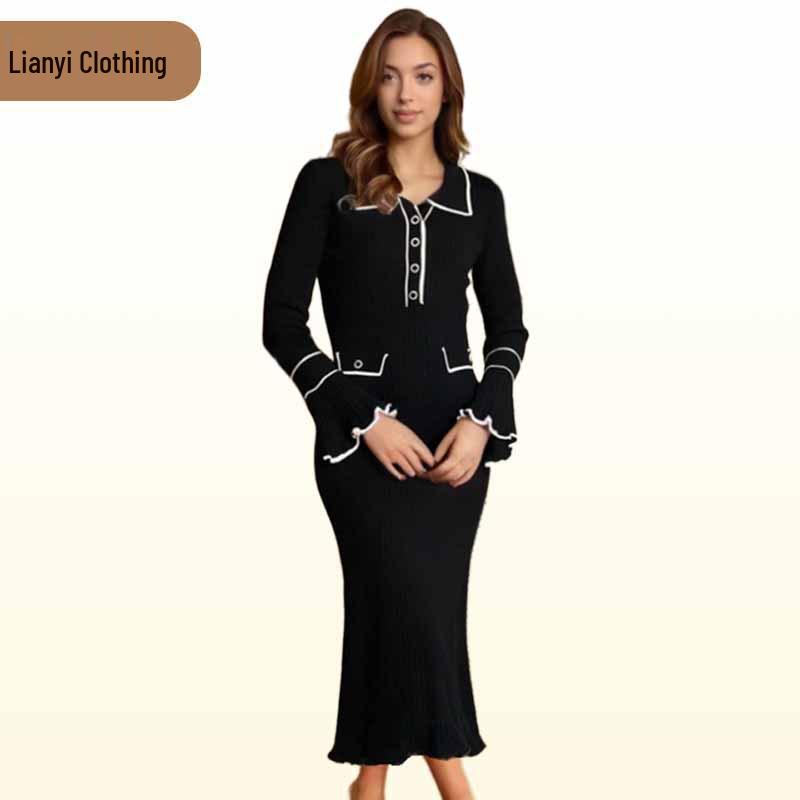 Autumn/Winter Women's Colorblock Knitted Waist-Hugging Long-Sleeve Dress with Turn-Down Collar.