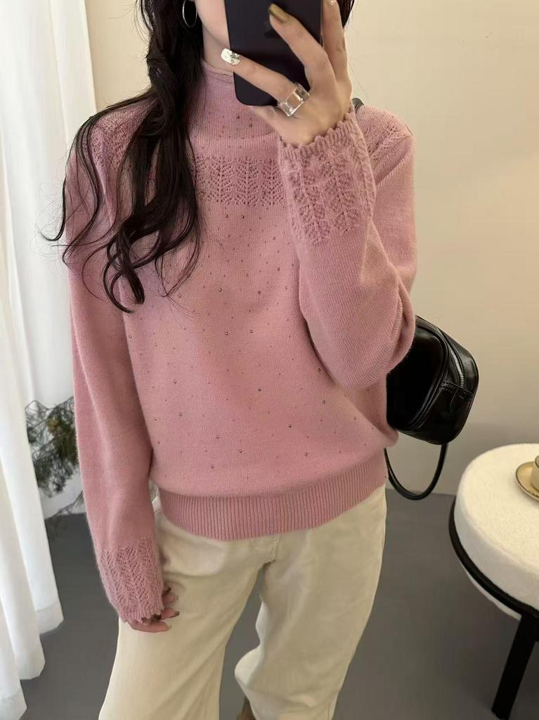 Rhinestone Jacquard Ruffled High-Neck Women's Soft Pullover Sweater