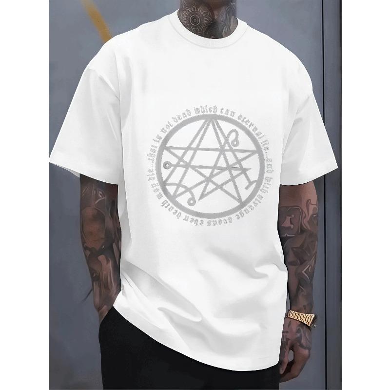 Men'S Cthulhu Mythos Theme Short Sleeve T-Shirt, Necronomicon Logo Pentagram Symbol Print Top, Retro Dark Style Casual, Trendy Cool Individual