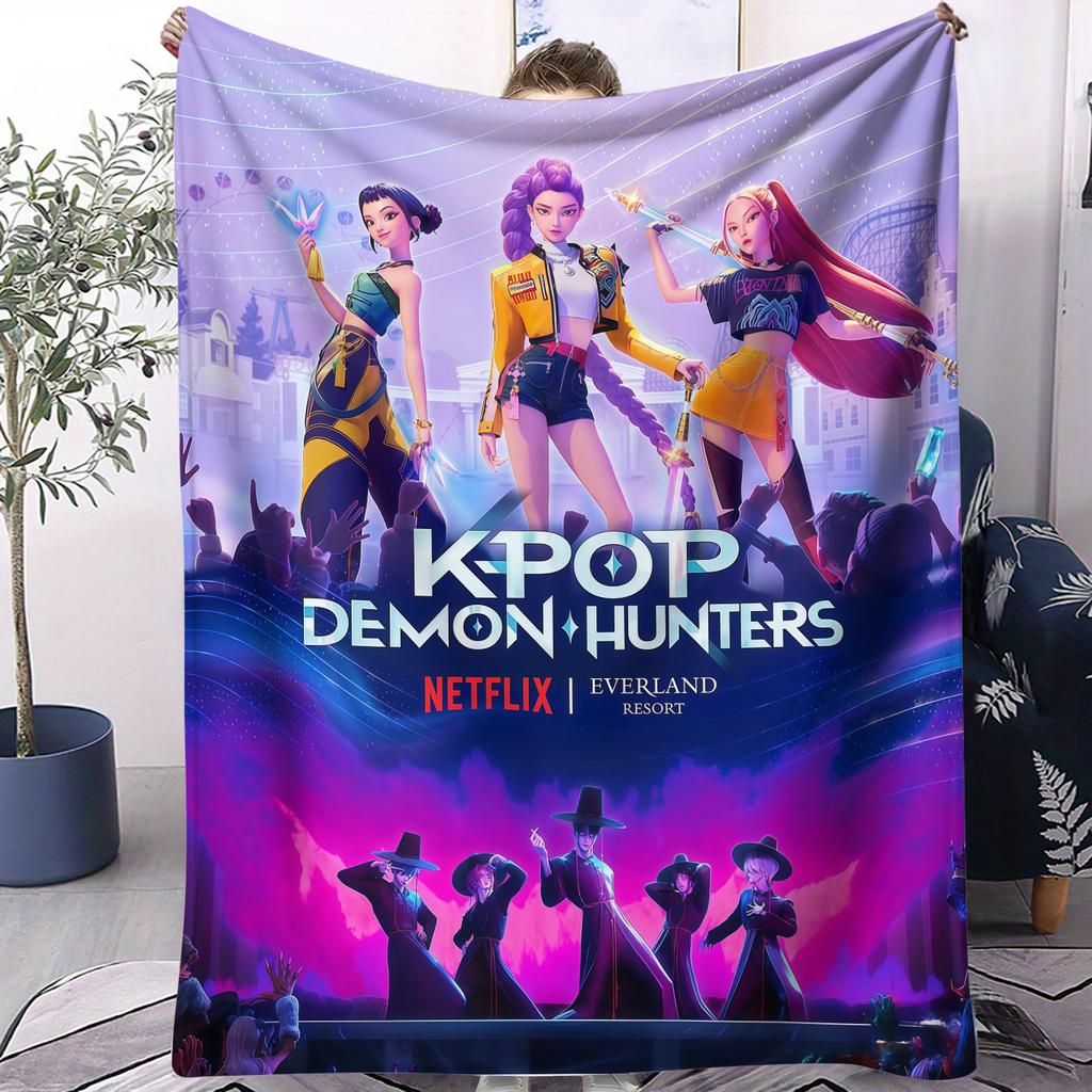 K-Pop Demon Hunters Koc Huntrix Girl Team Koc Flanelowy Prezent dla Fana Odpowiedni do Domu Wypoczynku Kempingu Wielofunkcyjny Koc