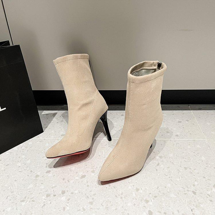 Rear Zipper Pointed Short Children's Thin Heels Autumn and Winter New Suede Thin Legs Medium Tube Large Size High Heel Elastic