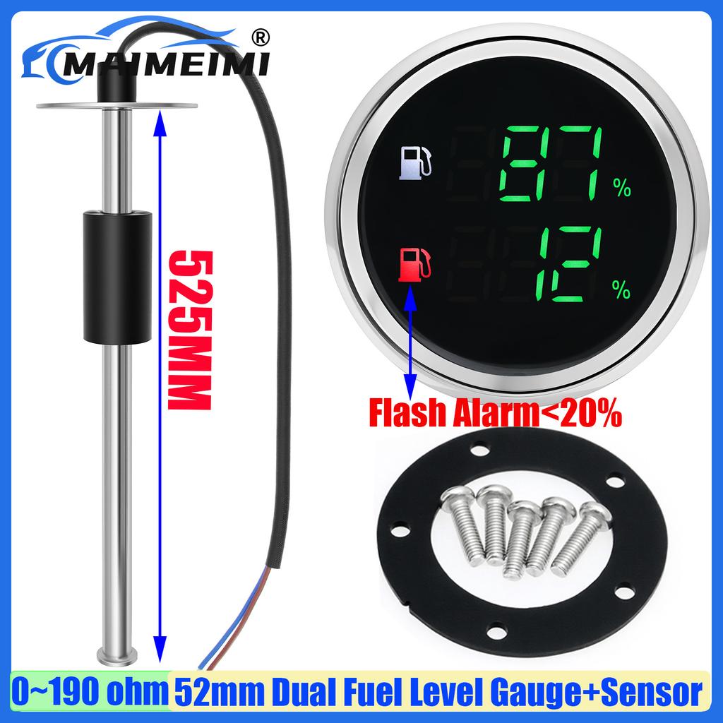 MAIMEIMI Dual Fuel Level Gauge with Flash Alarm Green LED Digital 52MM Oil Tank Meter 0-190ohm Fuel Level Sensor 100-550MM Boat