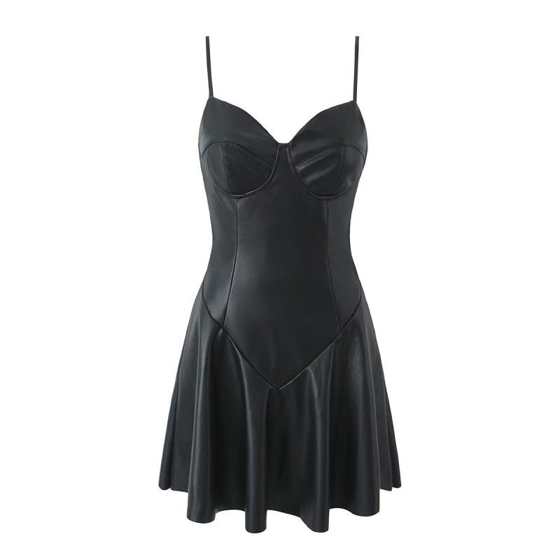 

Queen Party Nightclub Slim Fit Backless Small Leather Skirt Sling Black Pu Slip Dress(High quality) L