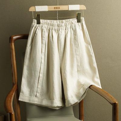 Drapierte Freizeitshorts mit hoher Taille für Damen im Frühling und Sommer, einfarbig, bequeme Hose aus Baumwolle und Leinen mit geradem Bein